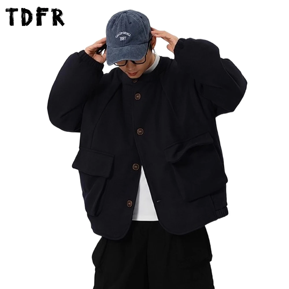 

Мужская плиссированная шерстяная стеганая куртка с карманами, однотонная зимняя толстая повседневная однобортная мужская верхняя одежда с круглым вырезом и длинными рукавами