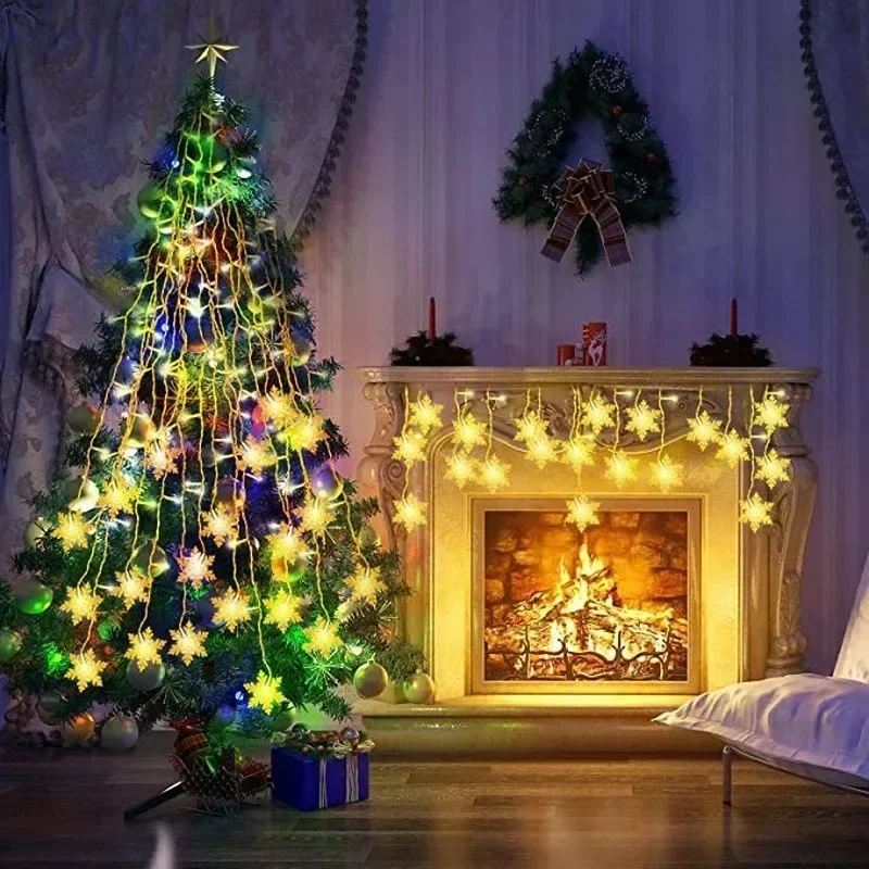 Guirxiété lumineuse de rideau de fenêtre de flocon de neige de Noël, lumières imperméables, décorations intérieures et extérieures pour la fête de chambre à coucher, décorations de Noël