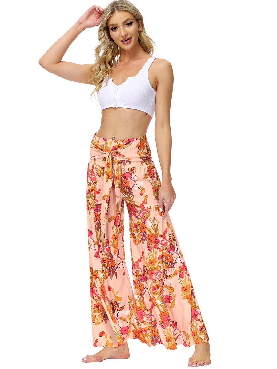 

2022 Womens Tie Dyed Print Retro Casual Loose Flare Pants,Beach Boho Vintage Hippie Palazzo Yoga Pants with Waist Strap