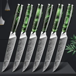 XITUO Steak Knife 1Pieces or Set Kitchen Knives Serrated Stainless Steel Laser Pattern 8/6/4 Pc Western Food Tool Green Resin