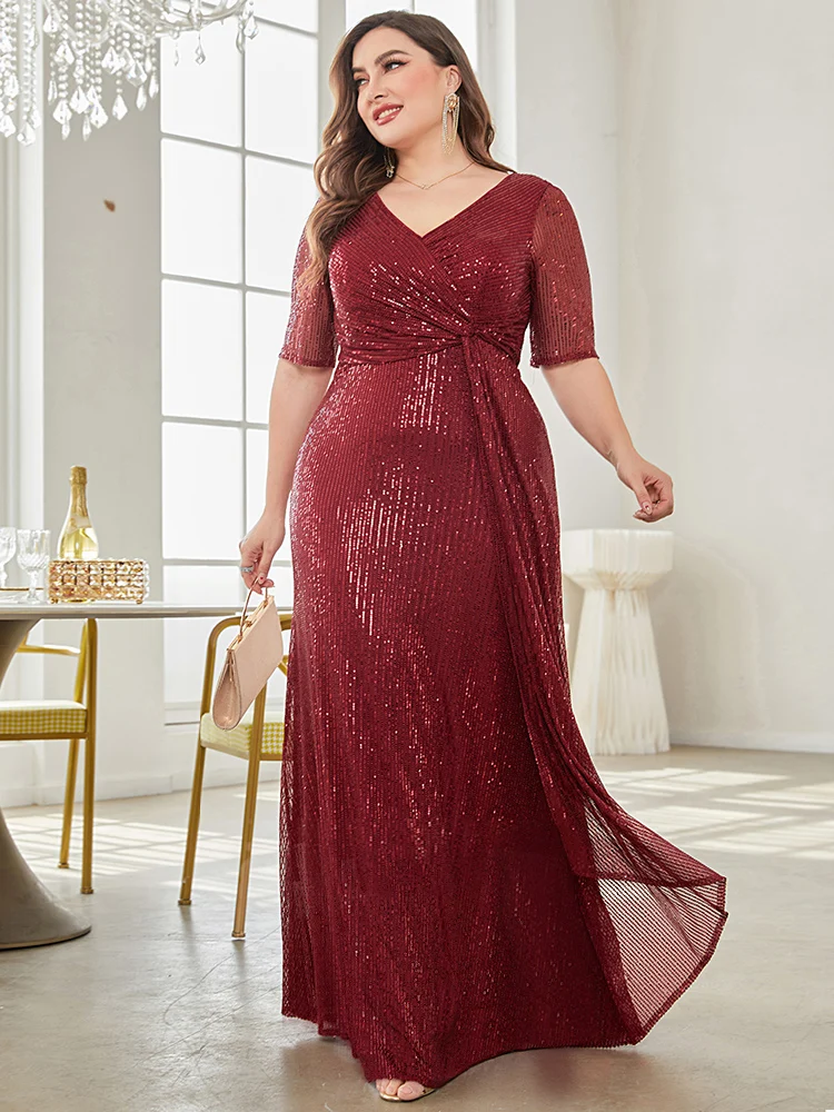 XUIBOL Plus Size Luxury Floor Length Evening Dresses 2023 Women Party Maxi Dress Sequin Short Sleeves Gowns Prom Cocktail Dress