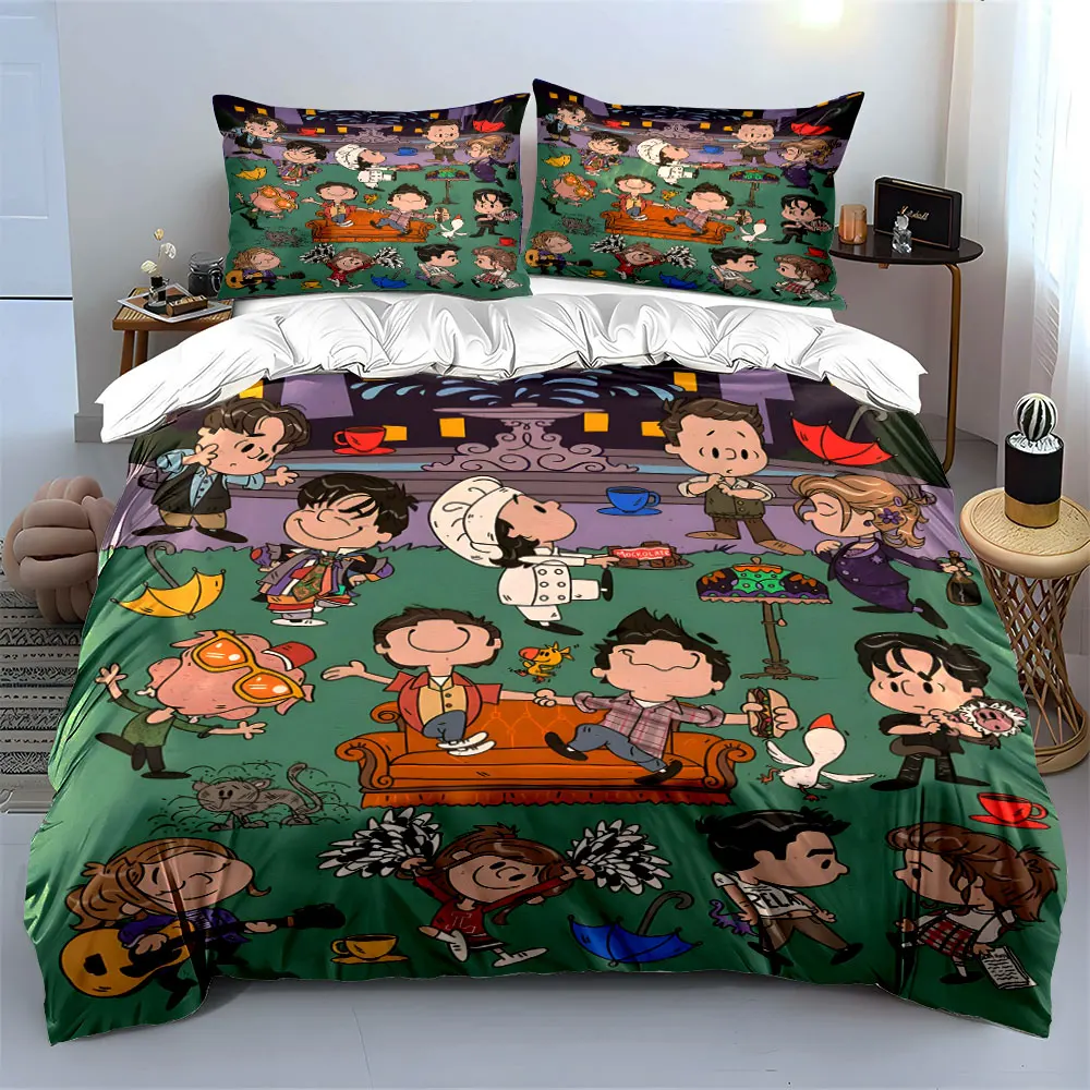 Cartoon Friends' Joyful Gathering Print Bedding Set 1 Duvet Cover 2 Pillowcases for Adult and Children Luxury Gift Full Size