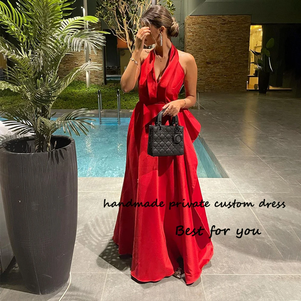 

Red Satin Halter Evening Dresses for Women Backless A Line Arabian Dubai Wedding Guest Dress Floor Length Formal Prom Gowns