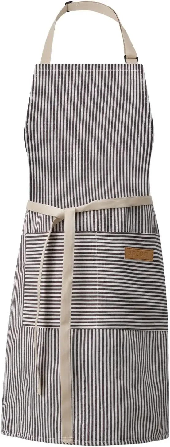 

Kitchen Cooking Adjustable Aprons - Men Women Bib Soft Chef Stripes Apron with 2 Pockets