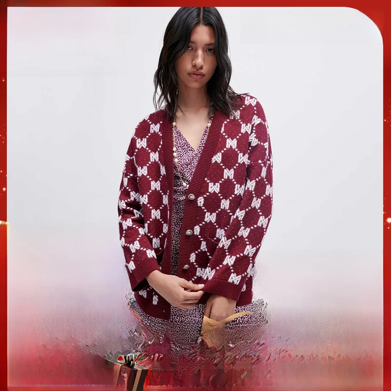 

Женский вязаный кардиган M-Home осень-зима с ромбовидным узором и логотипом CA00294, V-образный вырез, длинный рукав, стандартный крой, свободный силуэт