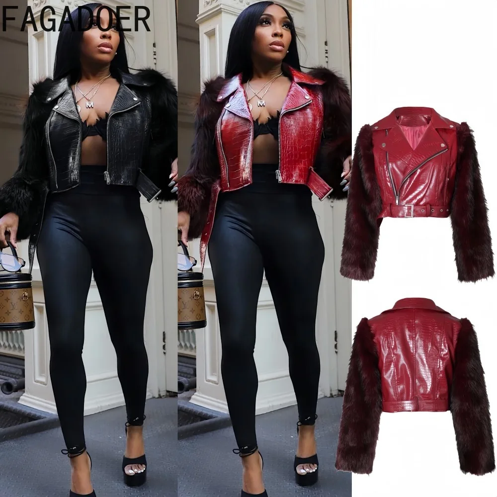 سترة FAGADOER شتوية جديدة مثيرة من الجلد والفرو للنساء معطف قصير بسحاب للدراجات النارية ملابس خروج نسائية #1