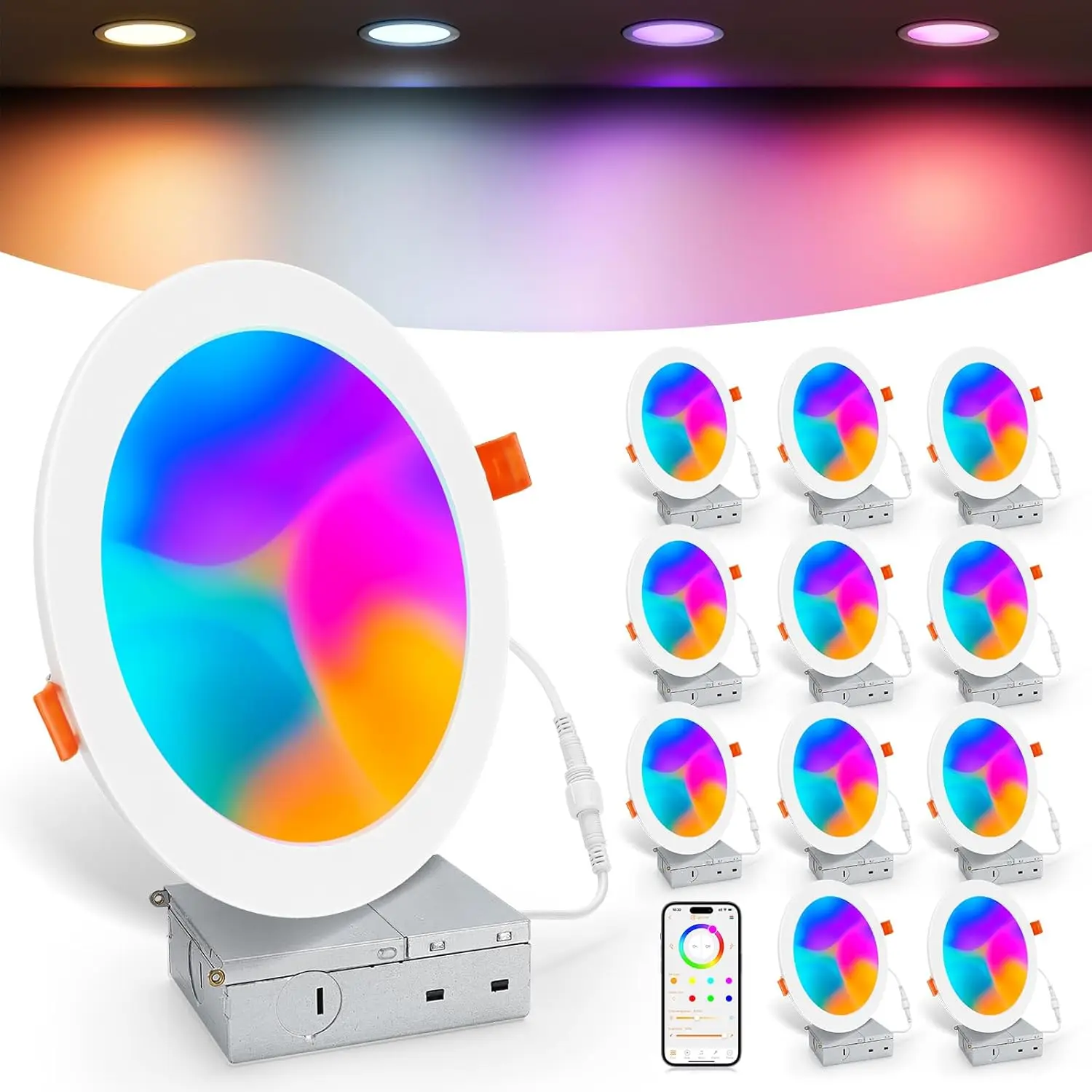 

6 Inch Smart Recessed Lights, RGBCW Color Changing, Dimmable Downlight Compatible with Alexa, Siri, Google Voice Control