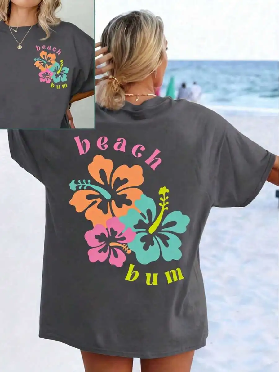 

Футболка с цветочным принтом для пляжа] Женская футболка больших размеров с цветочным принтом и спущенным плечом | Повседневные шорты