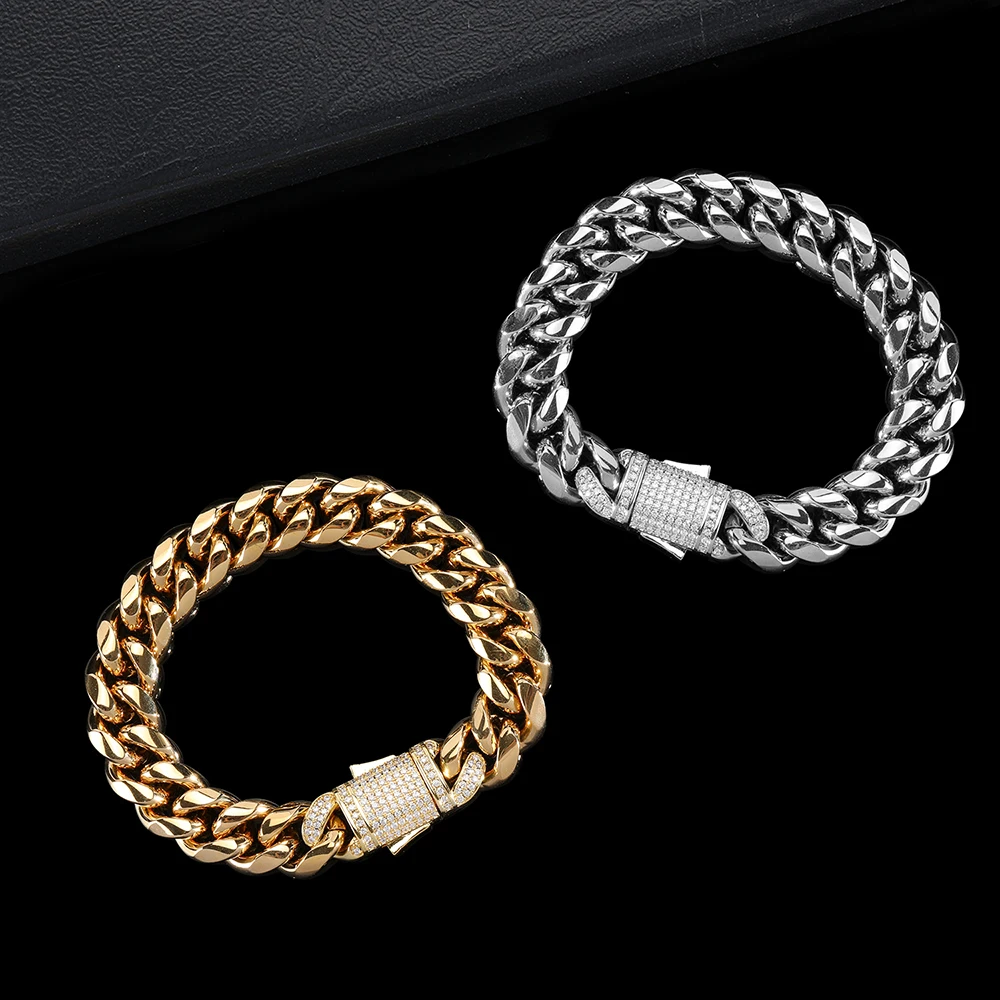 

10/12mm Hip Hop Miami Cuban Bracelet for Men Women Gold/Sliver Plated Stainless Steel Iced Out 5A CZ Clasp Jewelry