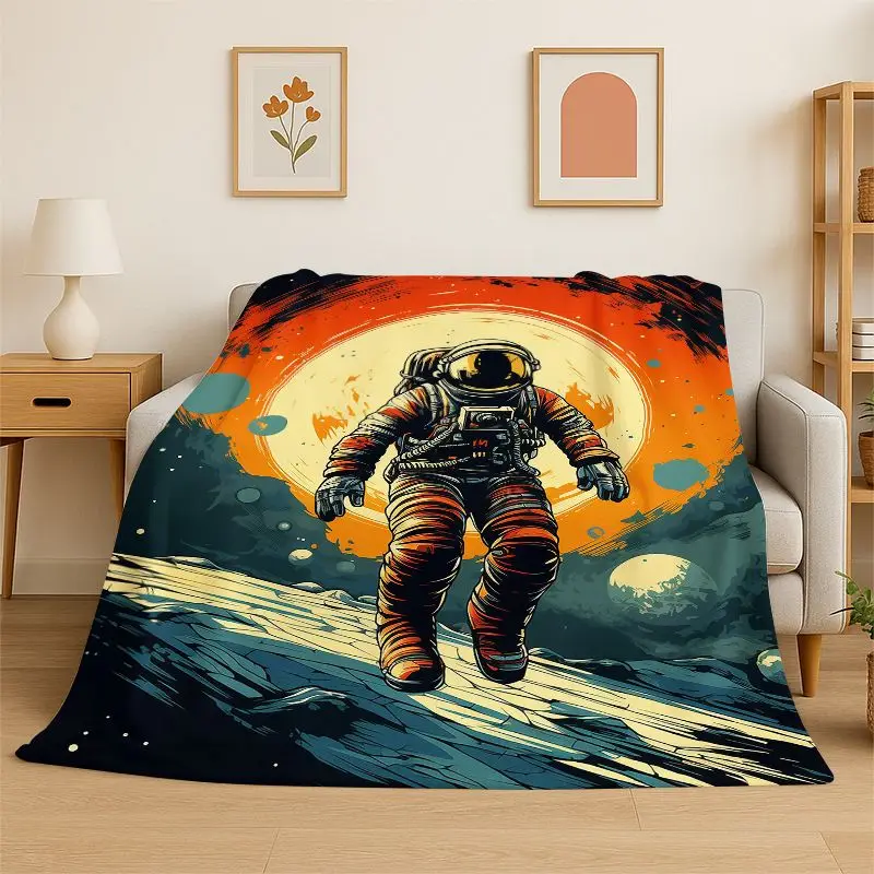 Cartoon Astronaut Spaceman Planet Flannel Blanket Soft Throw Blanket for Bedroom Living Room Bed Travel Camping Nap Cover Gift