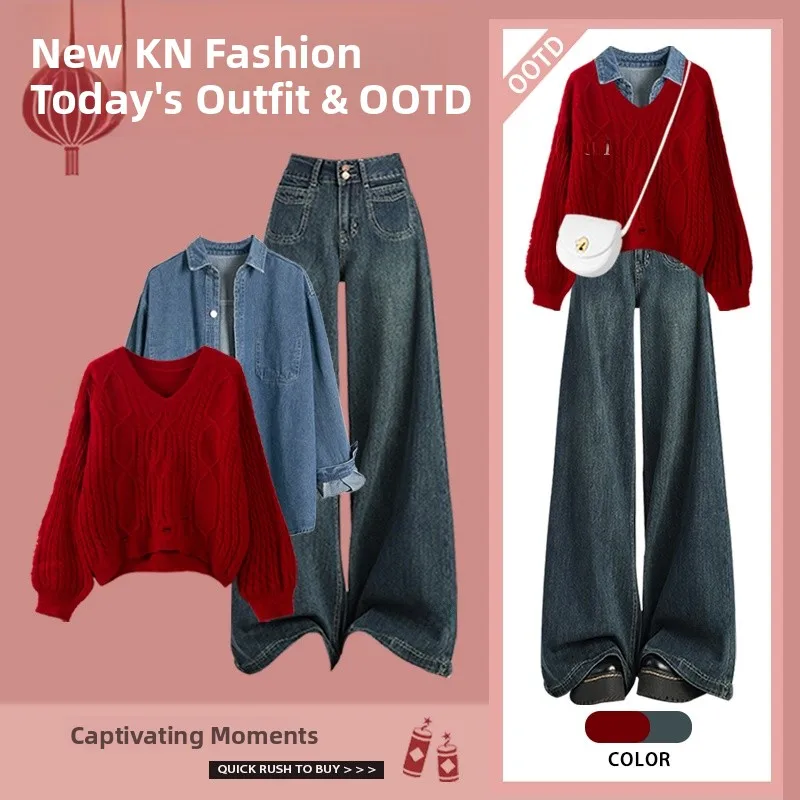 

Loose Sweater High Waist Slim Wide Leg Jeans Red Hole Design Autumn Winter Three Piece Set New Year Fashion Women's Clothing