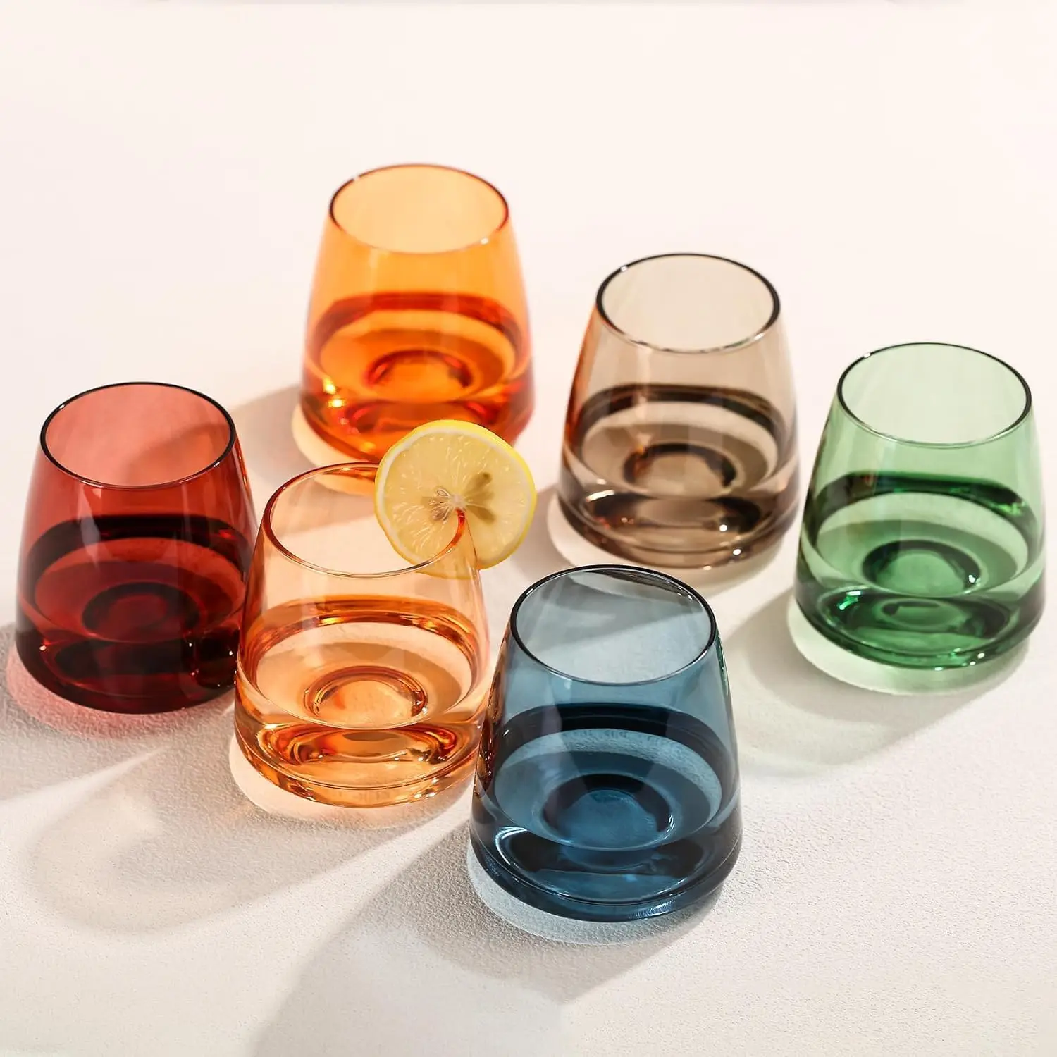 

Colored Stemless Wine Glasses Set of 6-15 oz Hand-Blown Crystal Colored Glassware, Multicolor Glassware for Lovers, Wedd