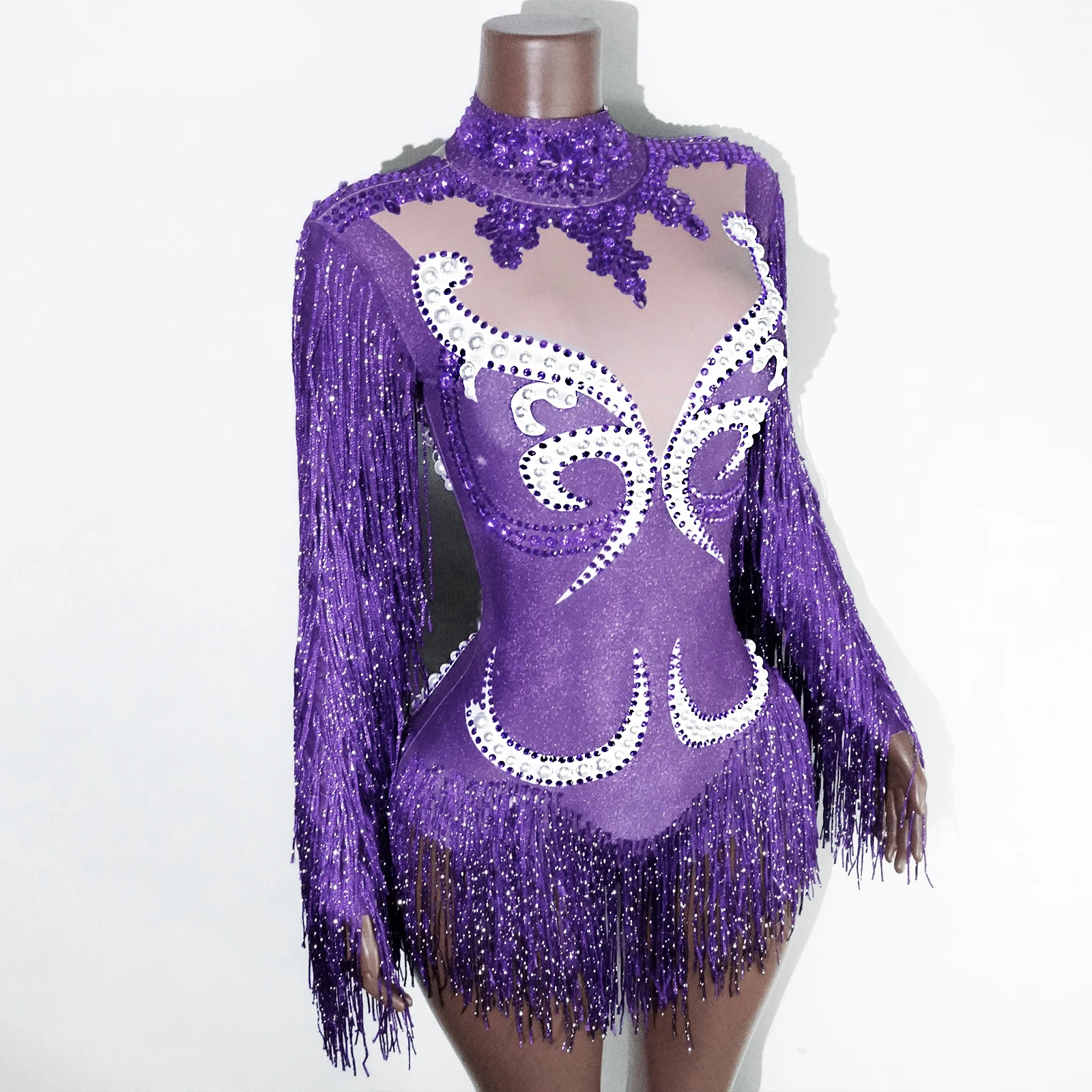 سباركلي الأرجواني الراين شرابة يوتار هامش ارتداءها ملهى ليلي المغني الرقص حفلة عيد ميلاد الزي المرحلة زي الأداء