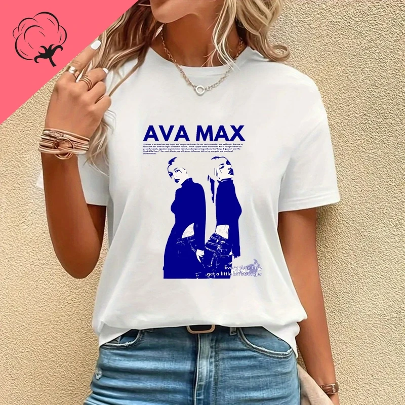 تي شيرت نسائي عصري مطبوع عليه ملصق Singer Ava Max، تي شيرت قطني كاجوال للربيع والصيف برقبة دائرية