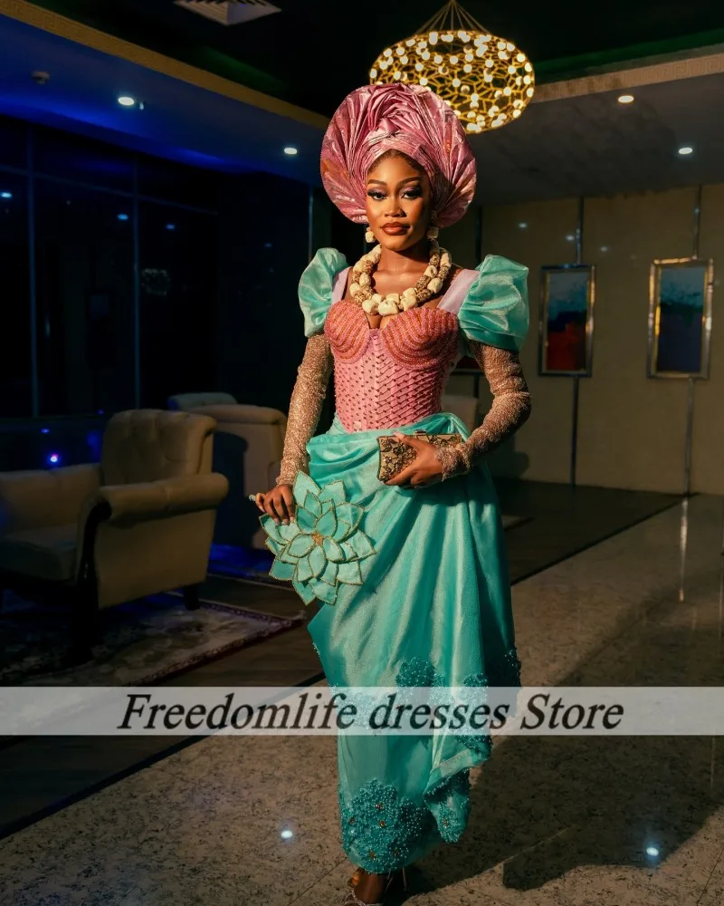 Aso Ebi Avondjurken Lange Mouwen Sweetheart Kralen Afrikaanse Zeemeermin Bruiloft Jurk Nigeriaanse Vrouwen Prom Jassen Aangepast