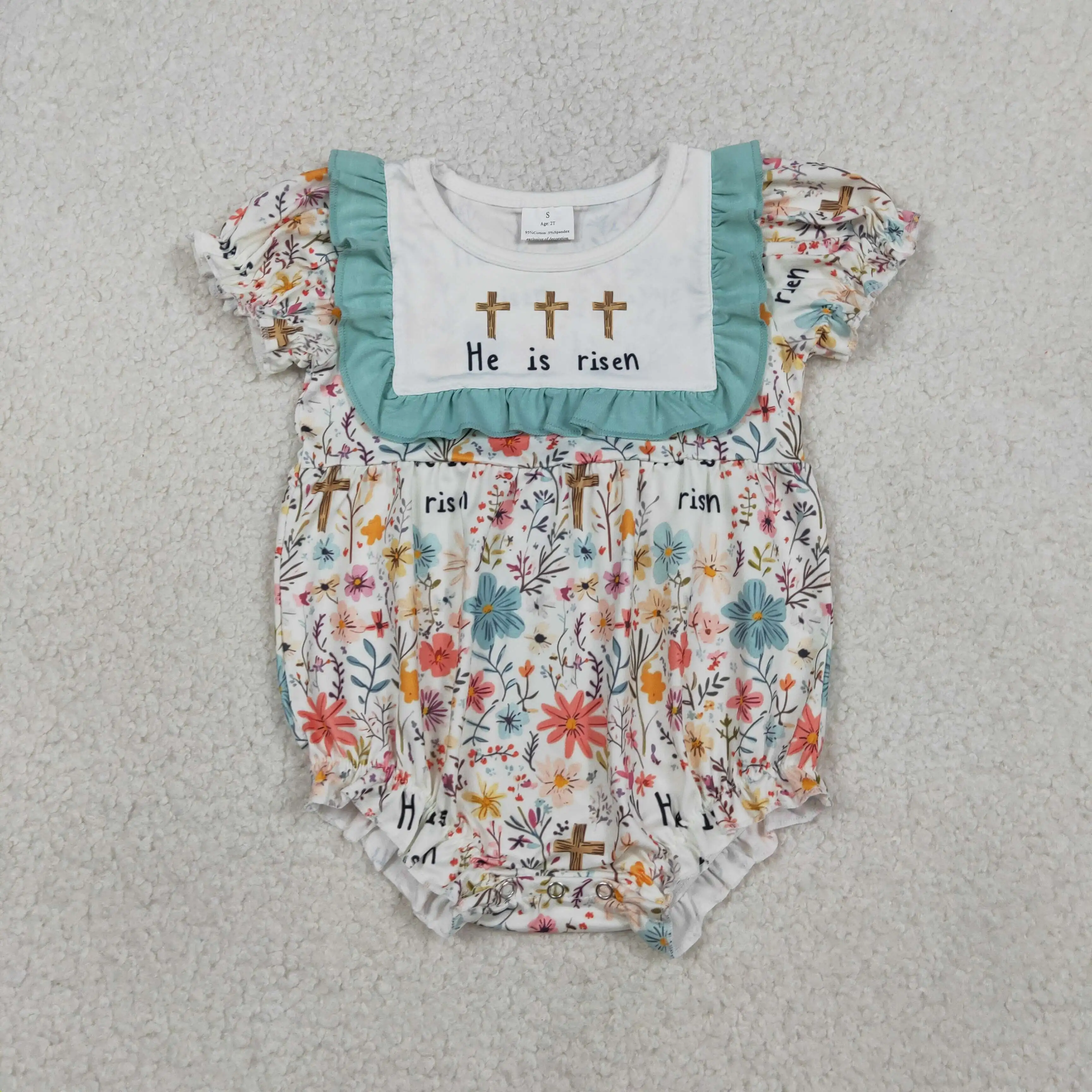 

SR3861 Summer Easter baby girls' cross flower leaf blue-green lace short-sleeved bodysuit
