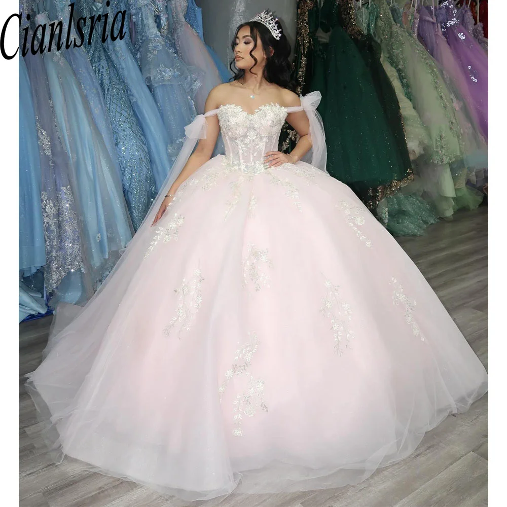 فساتين Quinceanera الوردية للفتيات الحلوة 16 ، زخارف الخرز ، فساتين الأميرة الحبيبة ، طول الأرض ، Tull ، 15