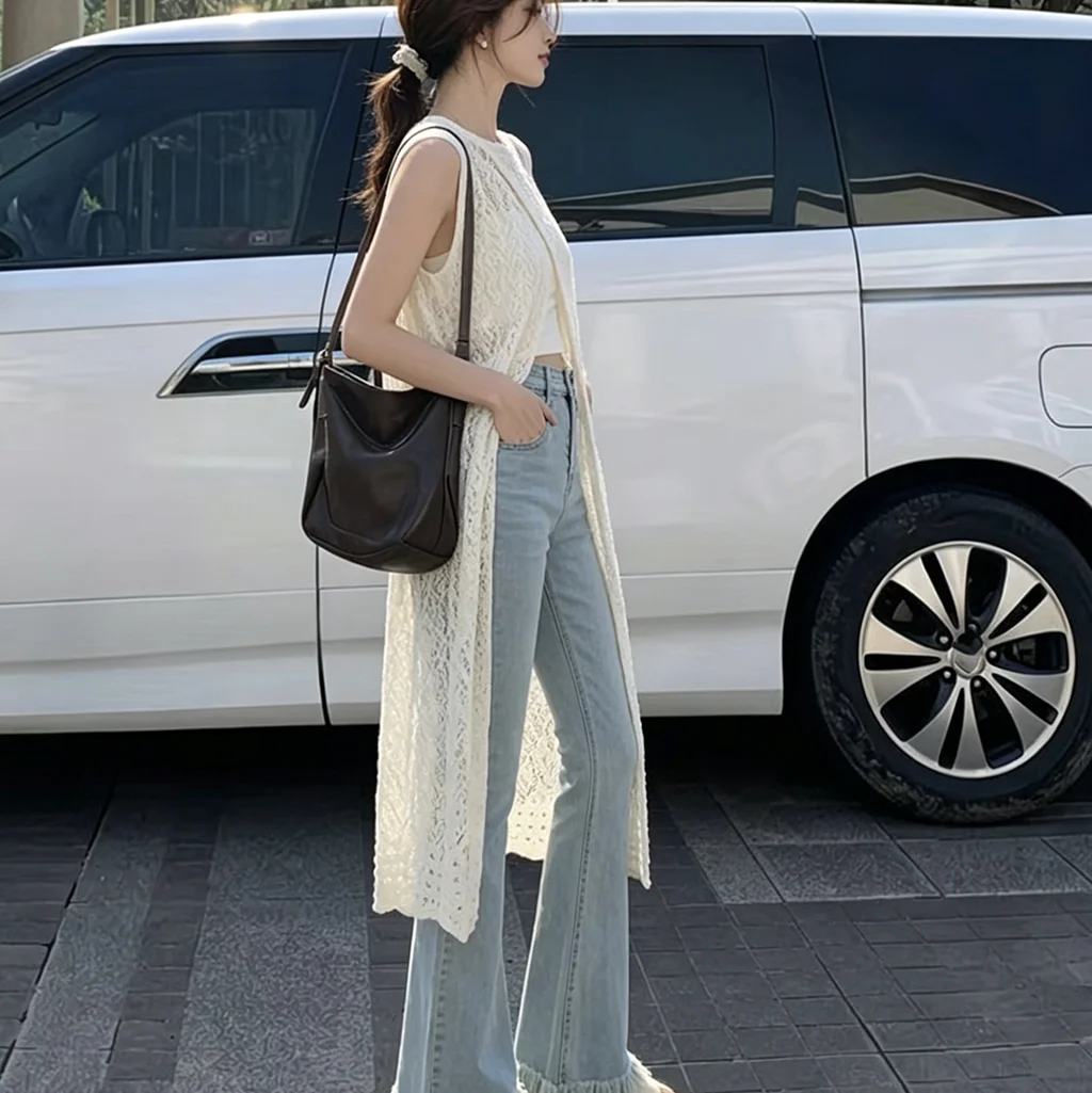 Women'S Fashion Kimono - 2026年ボヘミアン風クロシェ編みノースリーブロングカーディガン レディース サマーオープンワークニットベスト ルーズマキシ着物風カバーアップ ビーチウェア