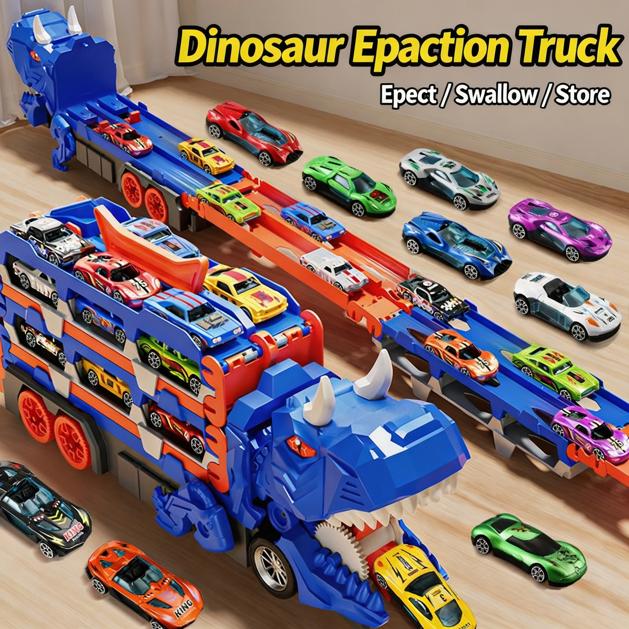 Kids Dinosaur Toy with Track Car, Transforming Sliding Eject Alloy Racer, Creative Gift for Boys Children