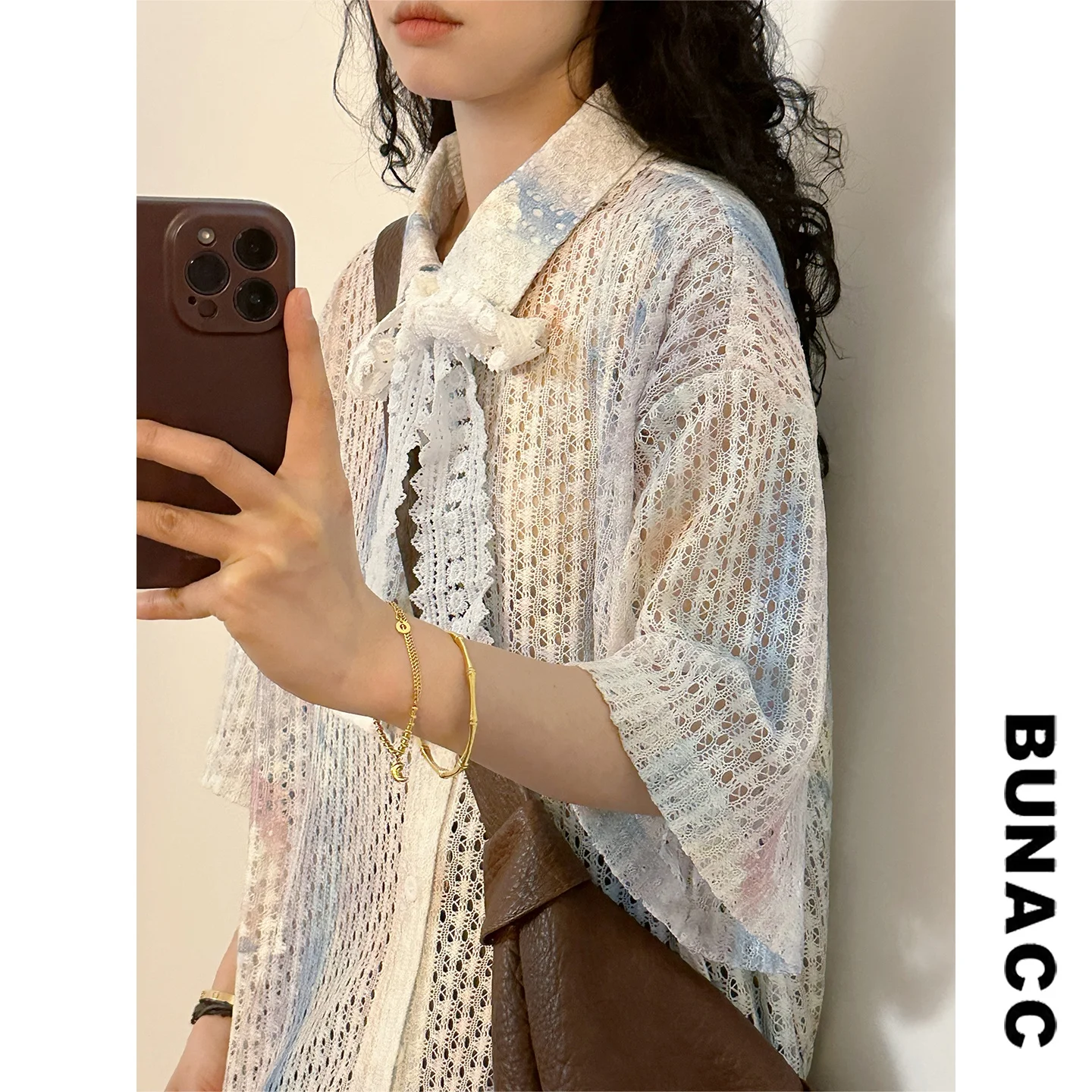 

Summer Tie Dye Lace Loose Short Sleeve Shirt Vintage Hong Kong Style Women's Casual Shirt BUNACC2026 Gradient Color Resistant...