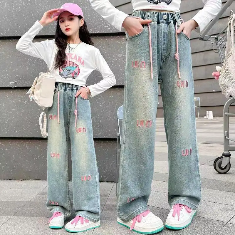 New Girls Letter Jeans Spring Autumn Kids Loose Fashion Casual Trousers Children Temperament Elastic Straight Pants 2-12 Years
