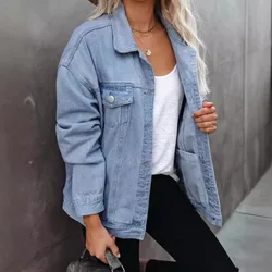 2024 Autumn Winter New Women's Closing Solid Color Denim Casual Lapel Single Breasted Long Sleeve Jacket Coat