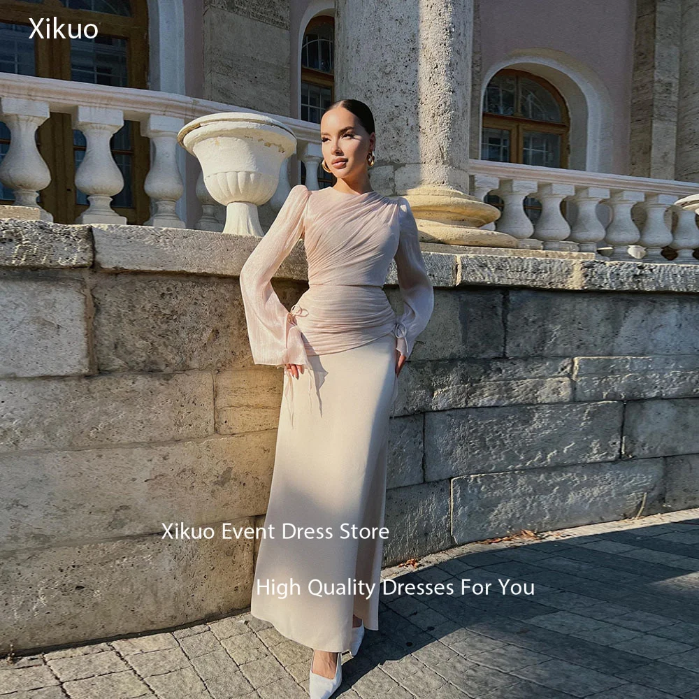 Xikuo Long Sleeves Elegant Evening Dress Straight Ankle Length Prom Gown Ruched Bodice Round Neck Sukienka Wieczorowa Customized