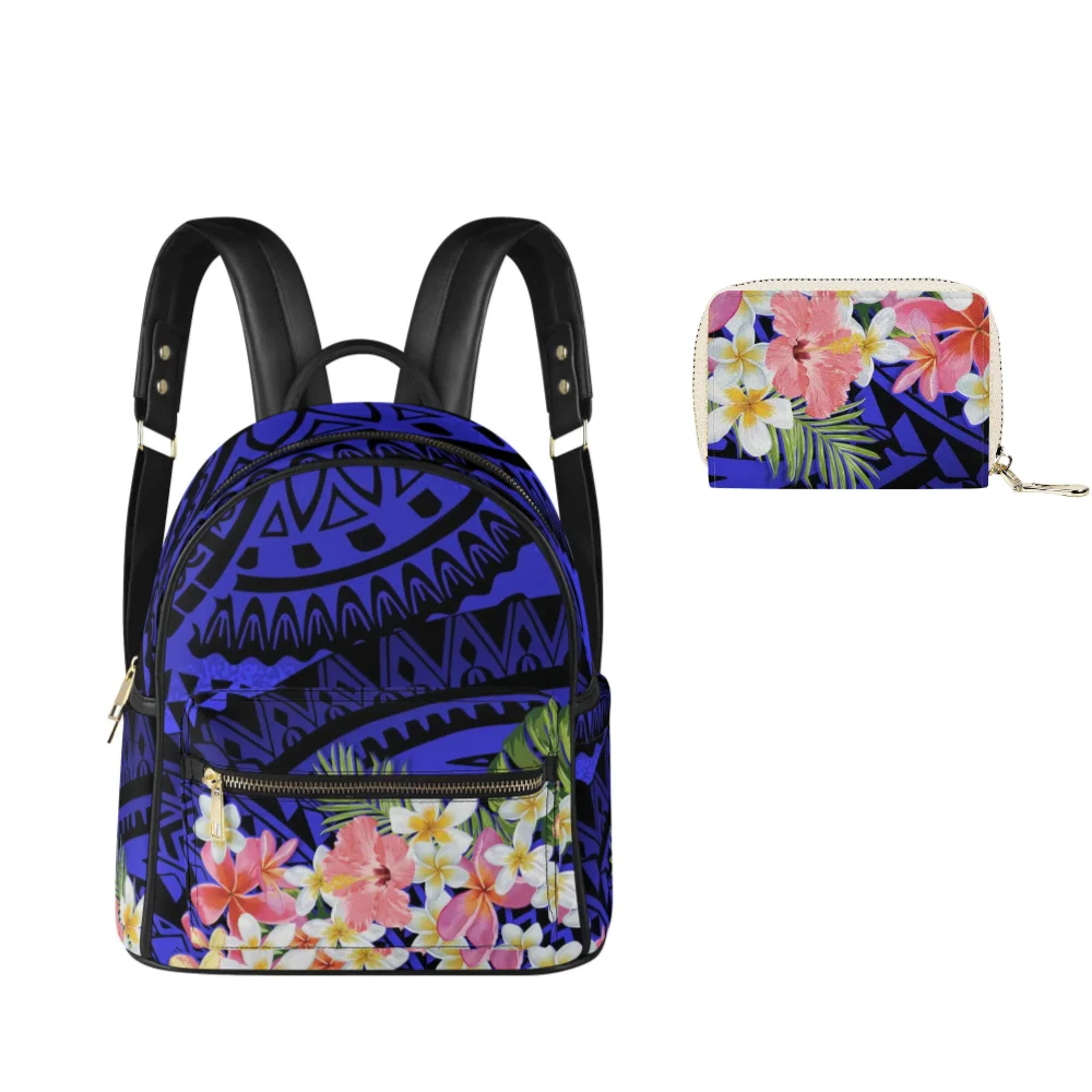 Mochila de flor azul impressa personalizada para mulheres e meninas, tribo polinésia, compras, viagens, escola, moda