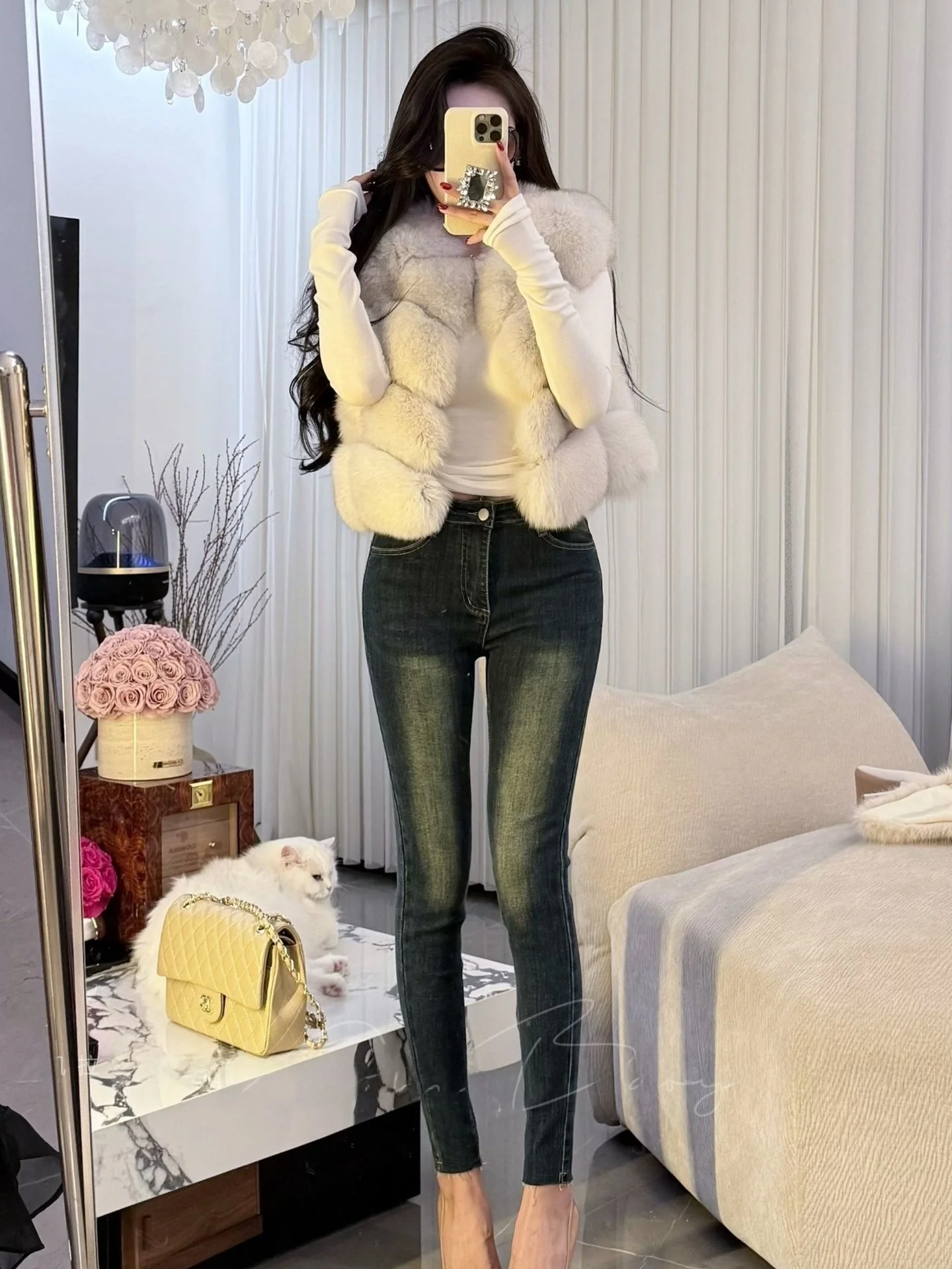 

Retro High Waist Slim Fit Fleece Lined Denim Capri Pants Women's Autumn Winter Warm Slimming Nine Point Jeans Versatile Design