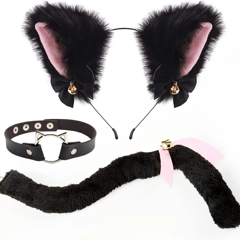 Cat Ears Headband+Tail+Punk Leather Neck Chocker Set Halloween Cosplays Costume Accessorie  Sexy Girl Theme Party Dress Up Props