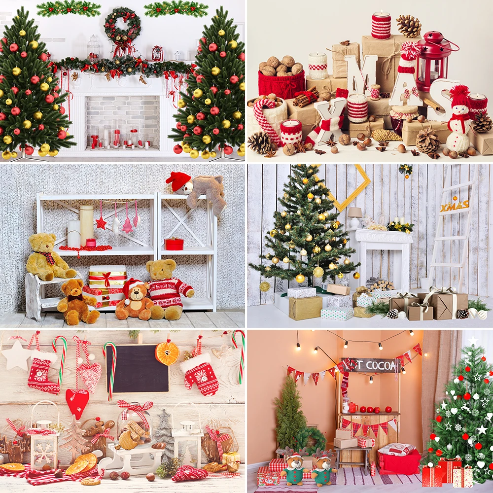 

Christmas Photography Background Xmas Trees Fireplace Snow Family Party Decor Children Portrait Backdrop for Photo Studio