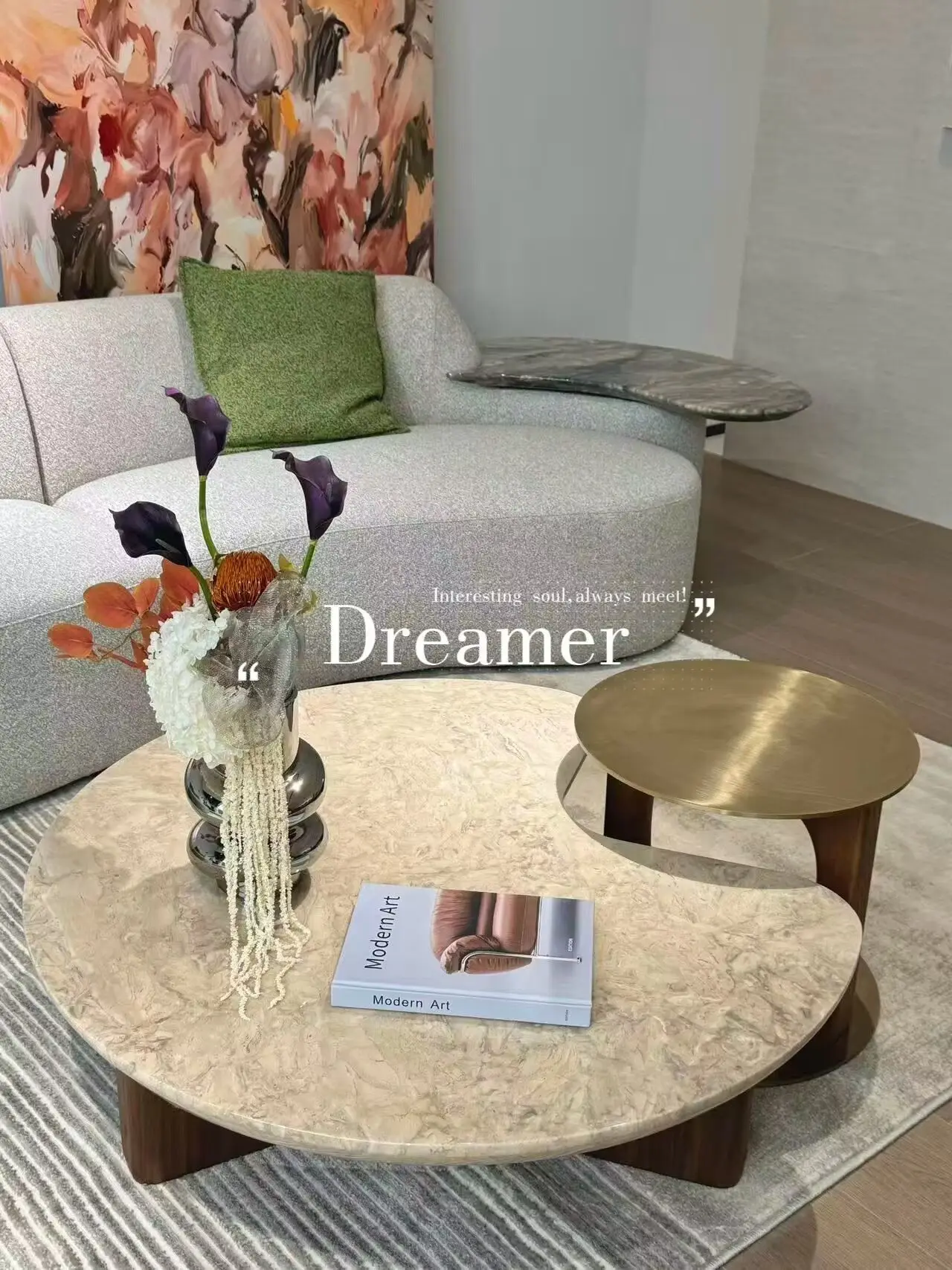 White Faux Marble C Shaped Side Coffee Table