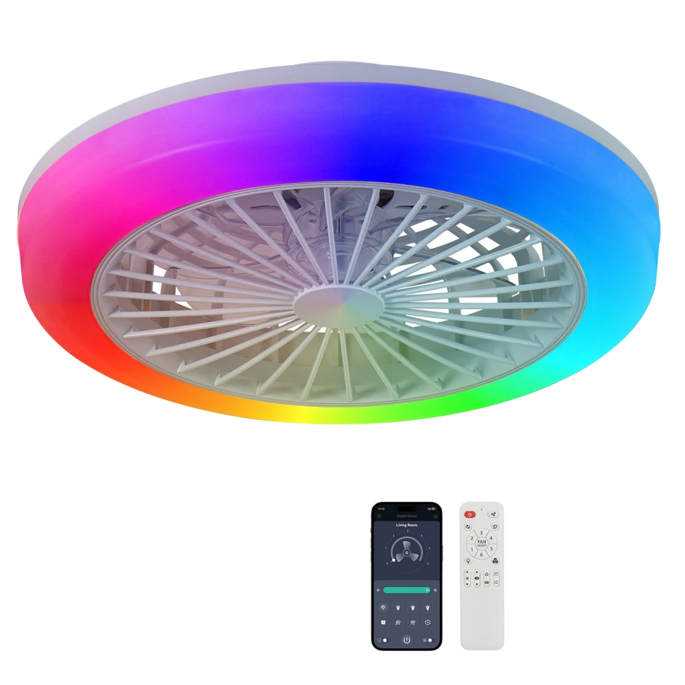 

18 Inch RGB Ceiling Fan: Remote/App, Modern Low Profile Dimmable for Bed/Living Room White