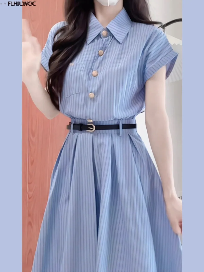 Blue Striped Shirt Dresses New Design Y2K Sweet Girls Women Summer Short Sleeve Preppy Style Retro Vintage Long Dress With Belt