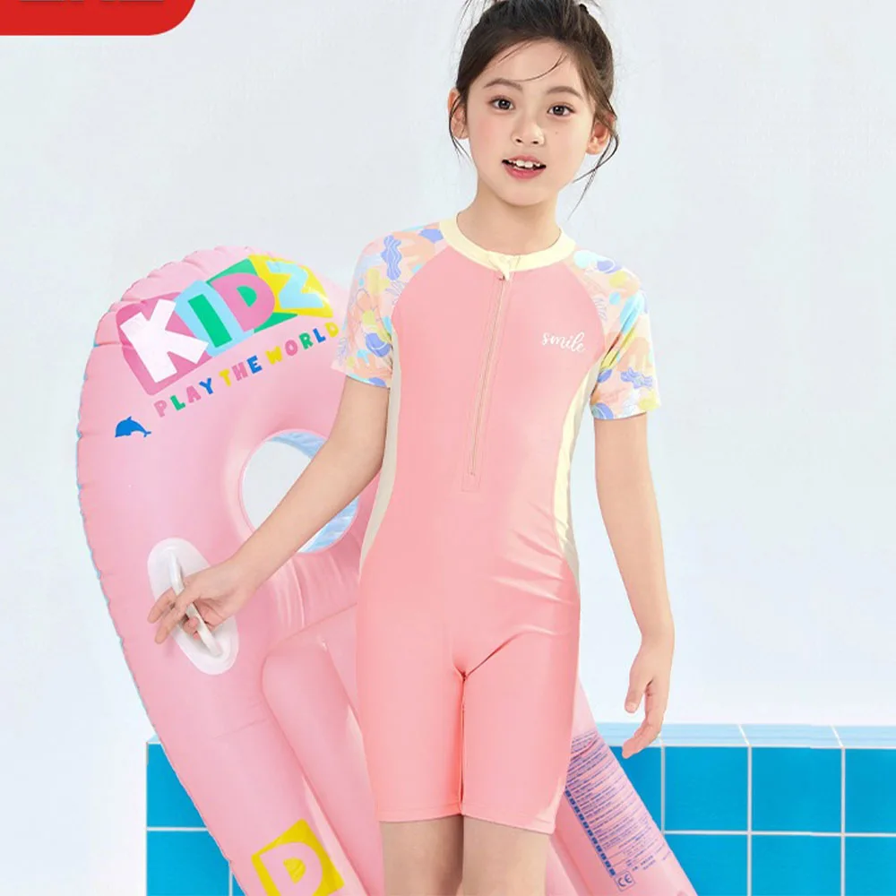 Cute Children's Girl One-Piece Sunscreen Swimsuit with Printed Patchwork Color Quick Drying Summer Swimming Pool Beach Swimsuit