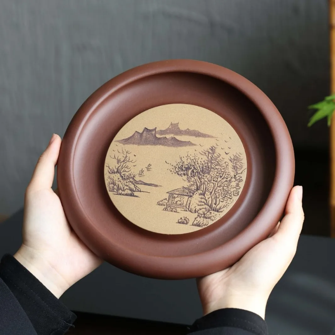 

Yixing Purple Clay Landscape Round Small Tea Tray, Single-Layer Water Storage Stand, Hand-Carved Teapot Holder