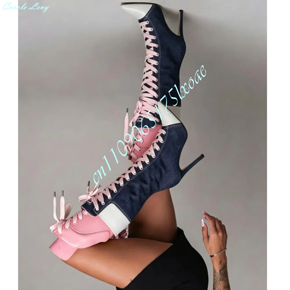 Pink White Patchwork Denim Mid-Calf Heeled Boots Sweet Cool Style Pointy Toe Thin Heel Lace Up Nightclub Stage Footwear Shoes