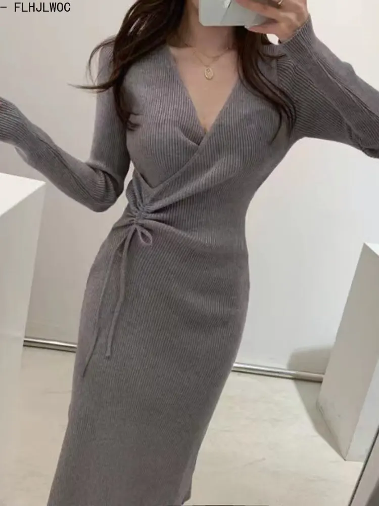 Woman Stretchable Knitted Sweater Dress Long Pencil Bodycon Bandage Hot Fall Winter Drap Basic Gray Black Long Feminine Vestidos