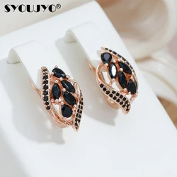SYOUJYO Black Natural Zircon Full Paved Earrings For Women Luxury 585 Gold Color Bride Wedding Daily Jewelry