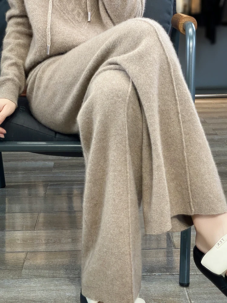 Autumn Winter Warm Soft Casual Solid Women's Wide-Leg Pants Elegant Elastic Waistband 100% Merino Wool Knitted Bottoms