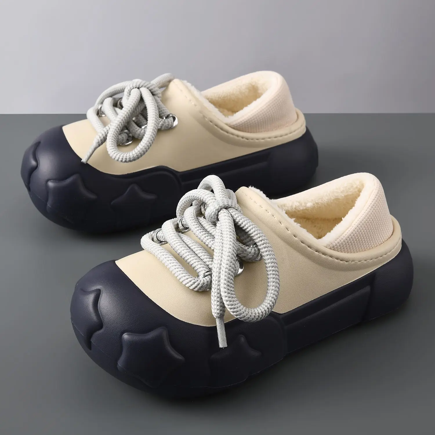 

women Laced up unisex waterproof cotton slippers for women autumn and winter non-slip comfortable thick-soled slippers for men