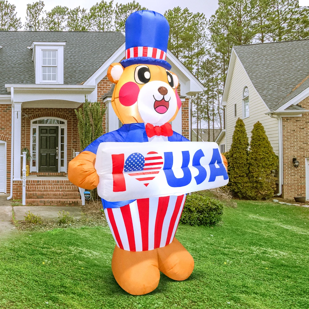 6 FT Inflatable USA Independence Day Decoration Fourth of July Party DIY Decoration Home Garden Yard Patriotic Bear with Light