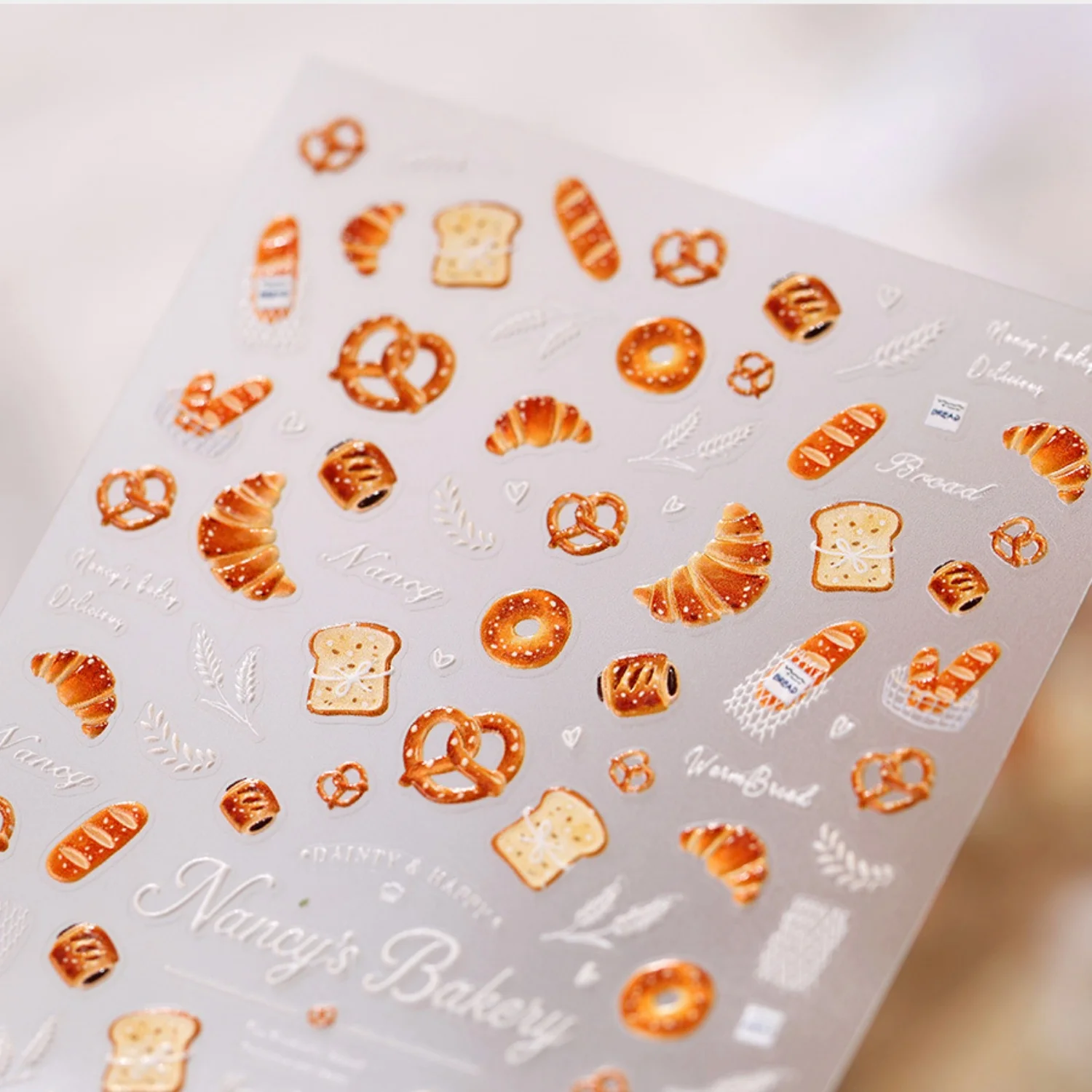 Baking Bread Croissant Baguette Pretzel 5D Nail Stickers Embossed Wheat Ear Heart Decals Warm Pastoral Snack Self Adhesive DIY