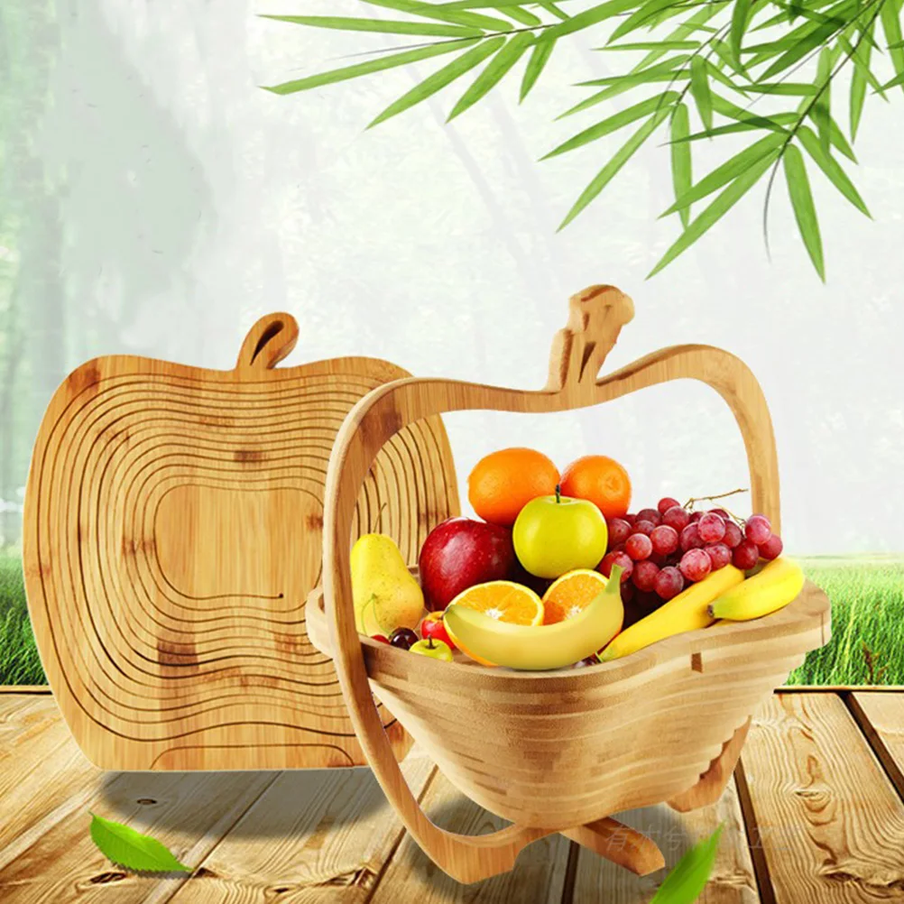 

1 pc Bamboo Basket Folding Design Rotating Base Space Saving Fruit Storage Organizer Vegetable Basket Fruit Bowl Kitchen