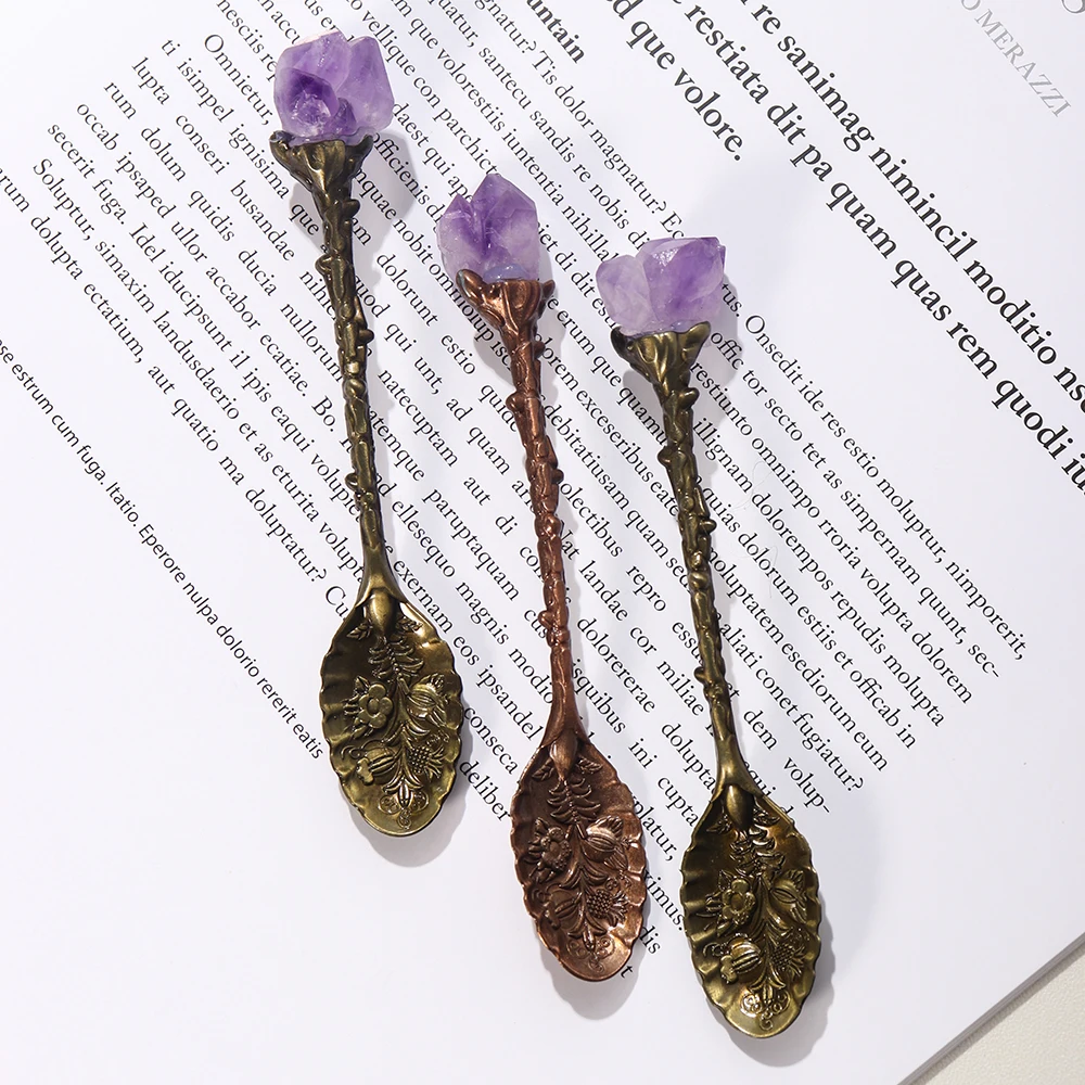 Natural Amethyst Cluster Coffee Spoon Vintage Teaspoons Ice Cream Dessert Scoop Kitchen Tool Tableware