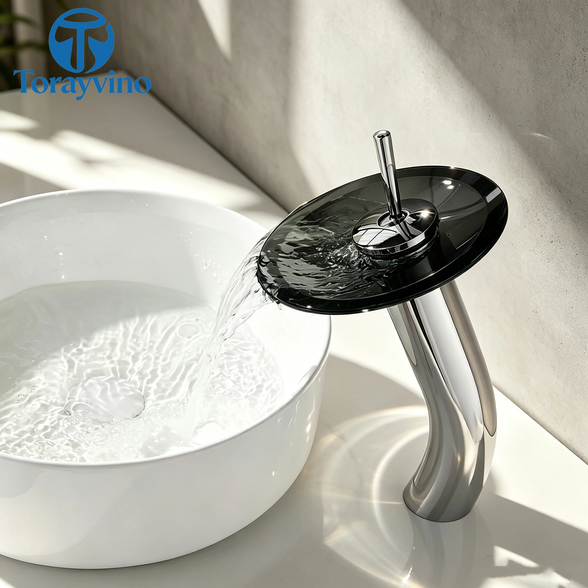 Torayvino Luxury Bathroom Faucets Household Wash Basin Vessel Sink Colorful Glass Waterfall Faucet Chrome Mixer Taps Commercial