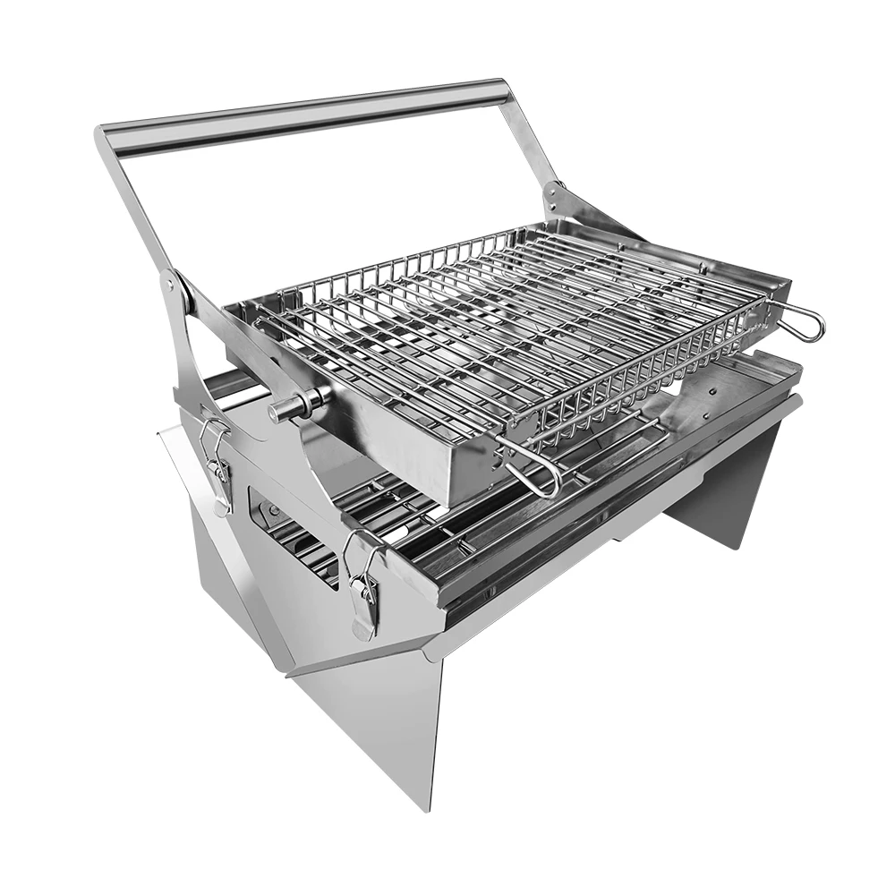 Tabletop Charcoal Grill Mini Portable Fire Pit Wood Burning Camping Easy Flip Folding BBQ Grills with Carry Bag Rotisserie Grill