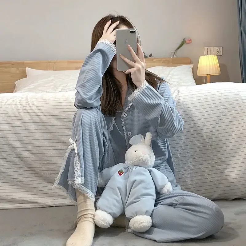 Lace Sleepwear Women Pajama Sets Kawaii Clothes Cardigan Long Sleeve Long Pants Buttons Nightwear Homewear Sets Pajamas