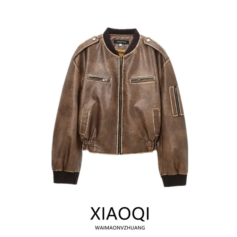 Retro Faux Leather Jaet Women's Loose Fit Autumn Winter New Sle Design Sense Rubbing Leather Coat Casual ort Outerwear