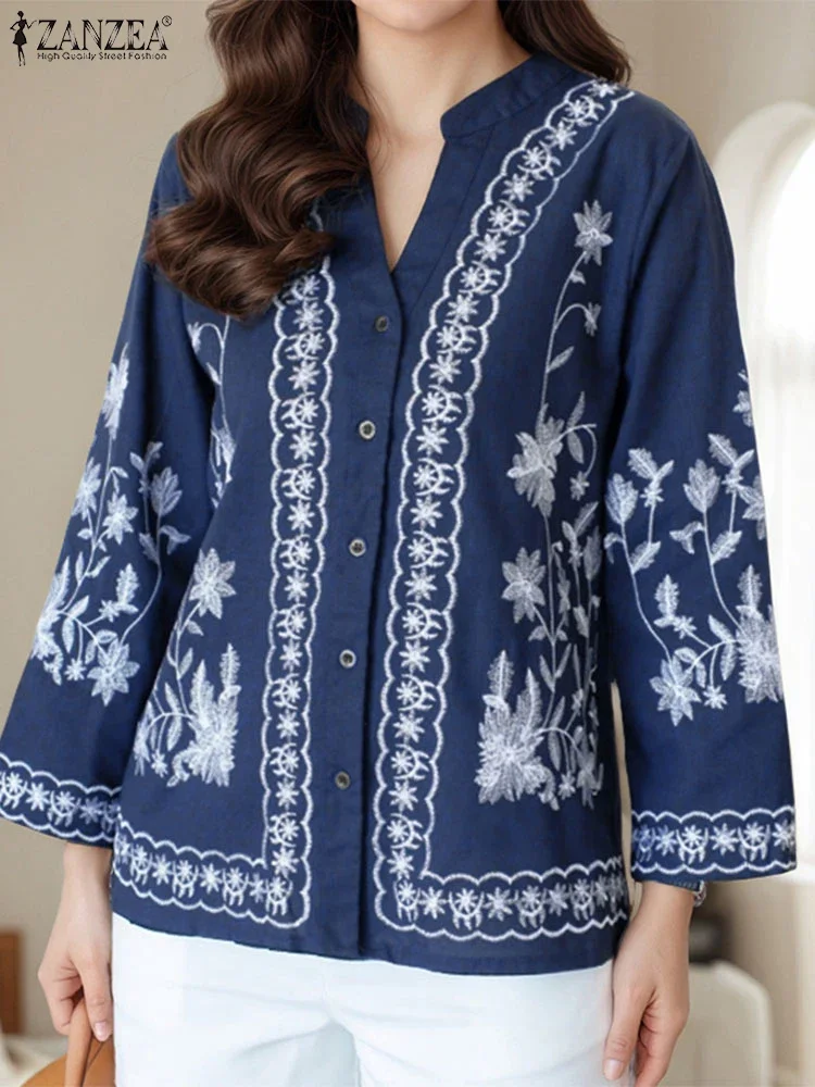 ZANZEA 2025 Autunno Camicetta Moda Donna Scollo a V Manica lunga Camicia stampata Elegante OL Camicie da lavoro Blusas allentate Bottoni casual Top